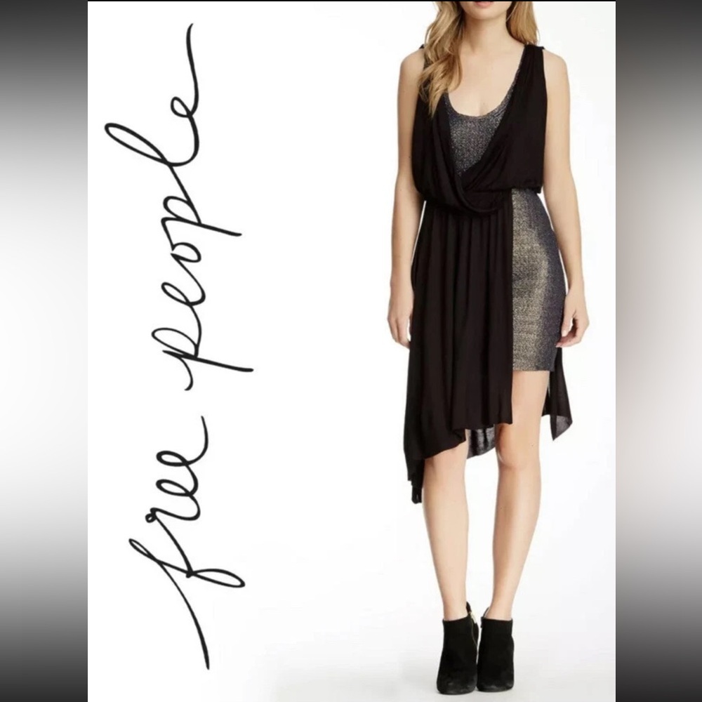 Free People Eleanor Blue and Black Asymmetrical Draped Mini Dress - XS - Picture 14 of 14